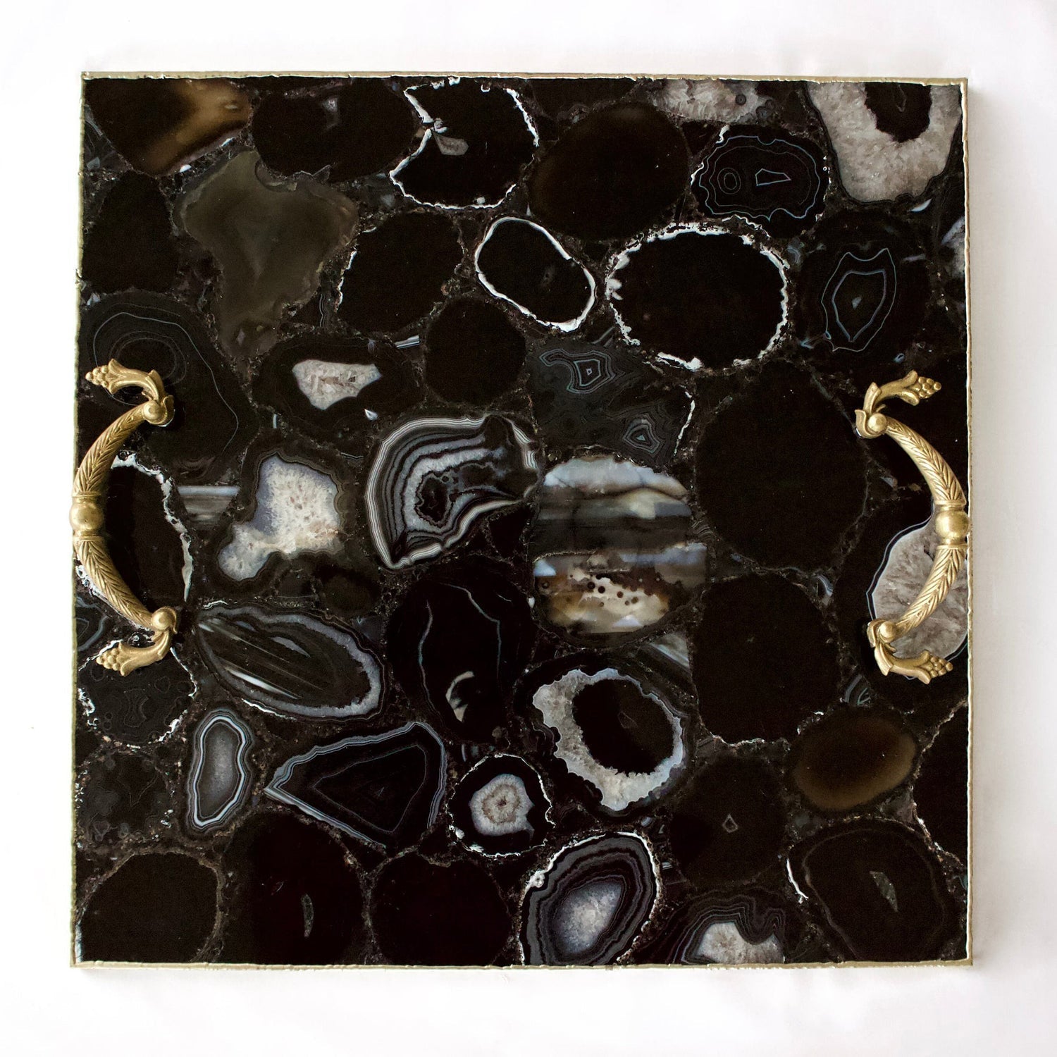 Black Agate Serving Tray With Brass Handles | Square