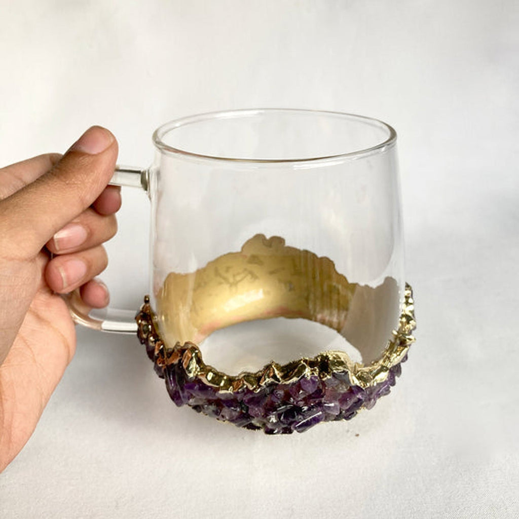 Set of 2 |Crystal Glass Coffee/Tea/Juice Mugs with Gold Plated Purple Amethyst Agate/Quartz Semi-precious Crystals | 17 oz/500 ml