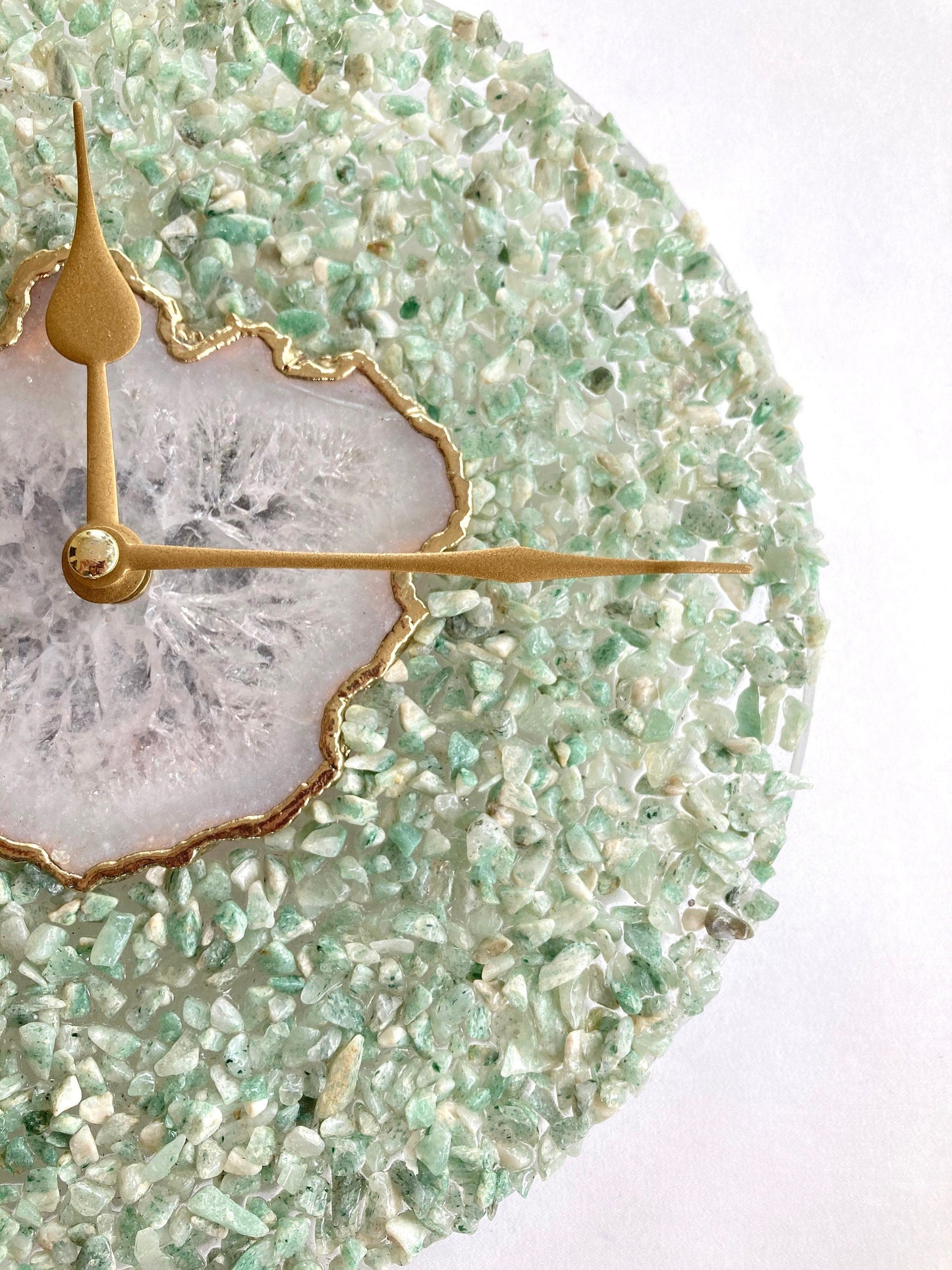 10" Diameter Large Light Green Crystal With White Agate Wall Clock